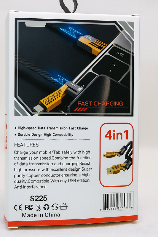 Flat Wire 4-in-1 Cable – Multi-Function Fast Charging & Data Transfer Cord